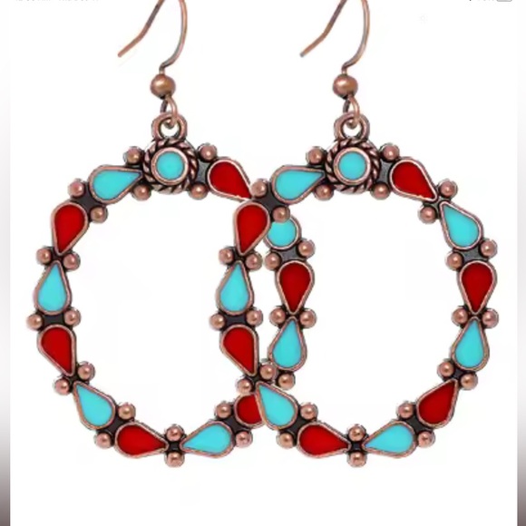 Athena Galore Jewelry - Colorful Turquoise and Red Teardrop Enamel Hoop Earrings